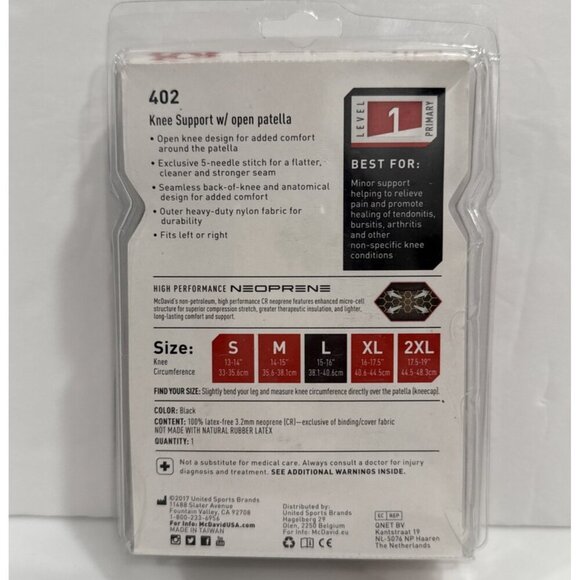 McDavid 402 Knee Sleeve Support Open Patella Black Left or Right Size Large NEW - Picture 3 of 3